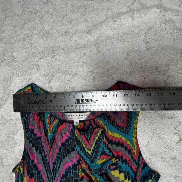 Trina Turk Women's Sleeveless Ruffle Sheath Dress Size 6 Black Abstract Multi - Picture 5 of 10